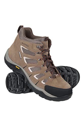 Image of Mountain Warehouse Field Waterproof Vibram Hiking Wide Fit Boots - Waterproof, Durable Rain Shoes with Suede & Mesh Upper - Spring Summer, Camping, Hiking, Walking Brown Adult Shoe Size 8.5