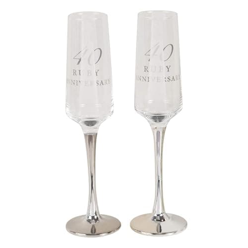 Image of CC Personalised Amore Set of 2 Ruby 40th Wedding Anniversary Straight Champagne Flutes with silver stems - Add Your Own Message (Not Personalised)