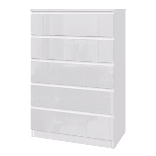 Image of Panana Modern High Gloss Chest of Drawers, 3/4/5/6 Drawer Wooden Dresser with Metal Runner Bedside Table No Handle Sleek Design Storage Organizer Unit for Living Room Bedroom (White, 5 Drawers)