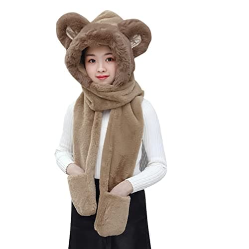 Image of 3 In 1 Kids Faux Fur Hooded Scarf and Gloves Set Boys Girls Winter Warm Plush Hat Scarf and Gloves Thermal Trapper Hat Earflaps Hats Long Scarfs Pocket Glove Mitten Shawl Wraps Neck Warmer Age 3-8