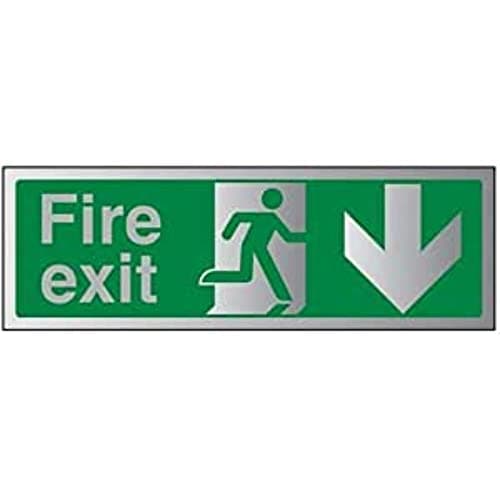 Image of V Safety Fire Exit Arrow Down Sign - 450mm x 150mm - Self Adhesive Alu Effect