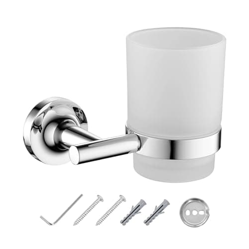 Image of JASSFERRY Wall Mounted Toothbrush Holder Frosted Glass Tumbler Tooth Brush Holder Bathroom Toothpaste Round Cup Set Chrome