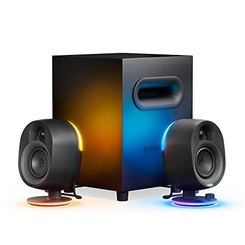 Image of SteelSeries Arena 7 - Illuminated 2.1 Gaming Speakers – 2-Way Speaker Design – Powerful Bass, Subwoofer – USB, Aux, Optical, Wired – Bluetooth – PC, PlayStation, Mobile, Mac - UK Plug