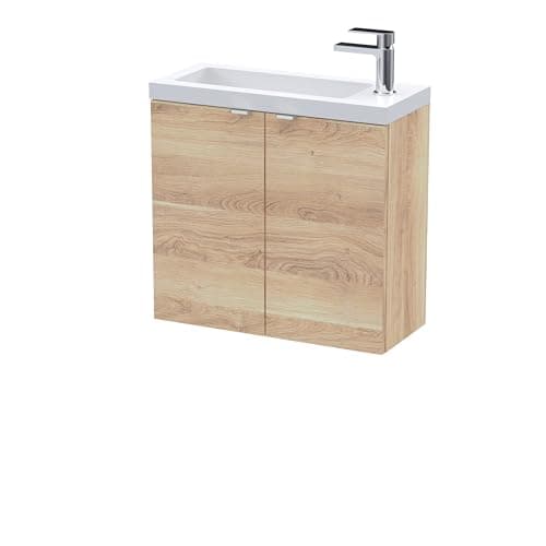 Image of Hudson Reed CBI3029 Fusion Modern Bathroom Wall Hung 2 Soft Close Door Vanity Unit and Polymarble Basin, 600mm, Bleached Oak