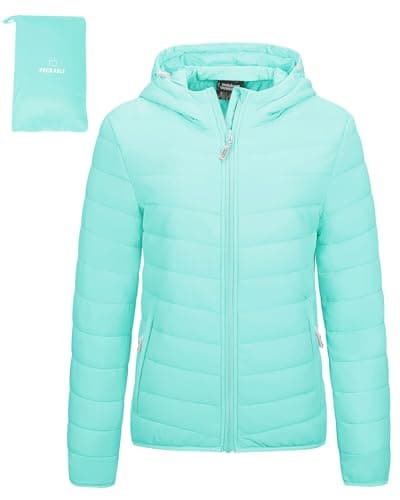 Image of Outdoor Ventures Women's Winter Lightweight Puffer Jacket with Hood, Warm, Short, Packable, Quilted, Transitional, Padded Jacket for Ladies, Lined for Hiking, Travel Light Blue M