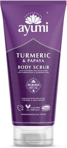 Image of Ayumi Turmeric Body Scrub | Brightening Body Scrub with Papaya Extract | Revitalises Dull & Dehydrated Skin | Hydrating Cleanser with Argan Oil | Scrub for Women & Mens Skincare Rituals |200 ml