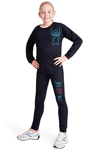 Image of Disney Stitch Girls Tracksuit 2 Piece Cropped Hoodie or Sweatshirt and Joggers Girls Teenagers 4-15 Years Stitch Gifts (Black, 13-14 Years)