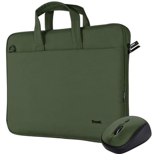 Image of Trust Bologna Bag & Mouse Set, Slim Laptop Bag 16 Inch with Shoulder Strap, Eco Bag, Recycled Plastic Laptop Case, Silent Wireless Mouse, 800-1600 DPI, Sustainable Design – Green