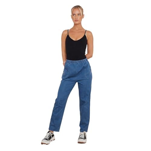 Image of Women’s Mom Jeans High Waisted Stretchy Trousers Full Length Straight Fit Casual Pants with Elastic Waist and Pockets (UK, Numeric, 16, Regular, Regular, Denim)