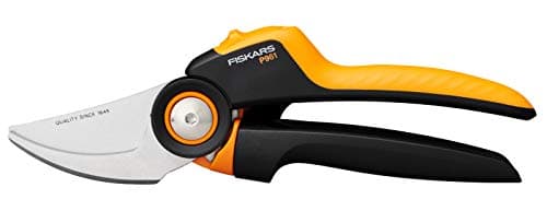 Image of Fiskars Bypass Garden Pruners L, X-series PowerGear, P961, With rolling handle, For fresh branches and twigs, Non-stick coated, Stainless steel blades, Length: 22.2 cm, Black/Orange, 1057175