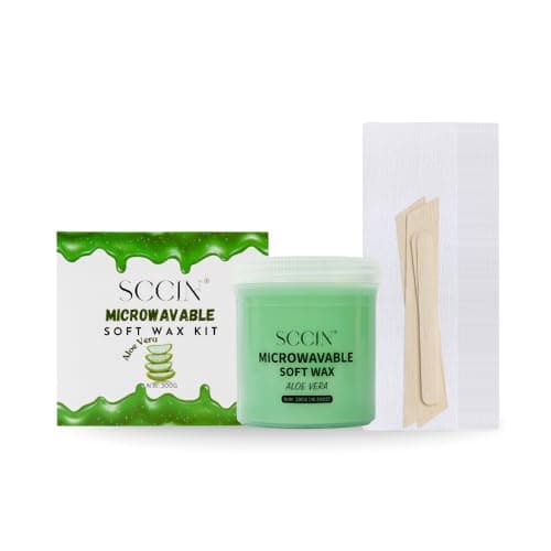 Image of SCCIN Aloe Vera Soft Wax Kit for Hair Removal 300g, Microwavable Wax, 20 Waxing Strips & 4 Wooden Spatulas, Stubborn Coarse hair Removal, At-Home Waxing Kit for face, Legs, Arms, Underarms & Bikini