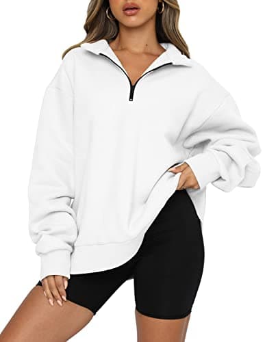 Image of CHICZONE Women Casual Pullover Tops V Neck Quarter Zip Up Oversize Sweatshirt with Pocket White