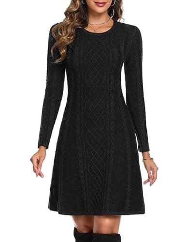 Image of Aottori Black Long Sleeve Knitted Sweater Dress for Women UK - Ladies Crew Neck Bodycon Casual Tunic Midi Jumper Black L