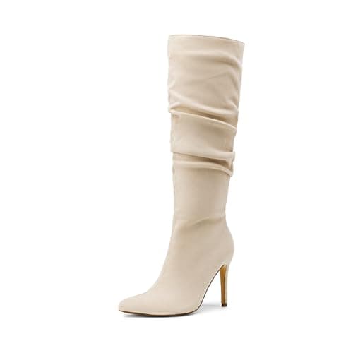 Image of DREAM PAIRS Knee High Boots for Women, Sexy Pointed Toe Stiletto High Heel Slouchy Suede Tall Boots,Size 9,Beige-Suede,SDKB2422W
