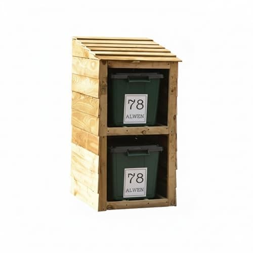 Image of Signs & Numbers Wooden Double Recycling Bin Storage | Outdoor Bin Shed for 2 Bins | Pressure Treated Wood | 2 Free Personalised Labels | Garden Waste & Bin Store 66x60x113.5cm