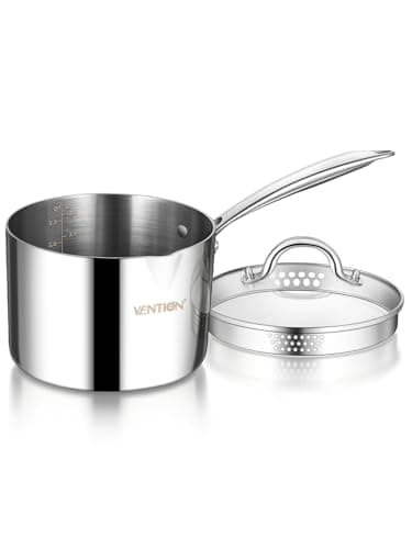 Image of VENTION Tri-Ply Stainless Steel Saucepan with Glass Strainer Lid 18cm, 3L Sauce Pan with with Pouring Lip, Multipurpose Pasta Pot for Induction Hob