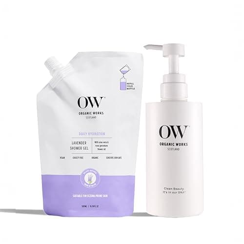Image of Organic Works Lavender Shower Gel Starter Pack-500ml, Hydrating Hypoallergenic Body Wash with Geranium Oil & Aloe Vera-Oil Control, Skin Firming, For Dry to Very Dry Skin-Made in UK