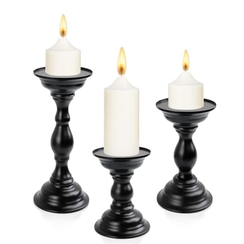 Image of SITAKEGS Metal Candle Holders, 3pcs Candlestick Holder Stand Matte Black Pillar Candle Holder Set, Both-use Retro Centerpiece Candle Stand for Wedding Candlelight Dinner Party Table Mantle Fireplace