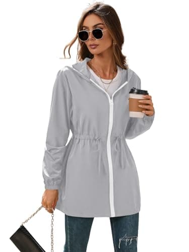 Image of SotRong Womens Lightweight Packable Waterproof jacket Hooded Rain Jacket Thin Showerproof Zip-up Fall Spring Anorak Jacket Trendy Water-resistant Outerwear Light Grey M