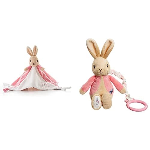 Image of Rainbow Designs Official Beatrix Potter Flopsy Bunny Comfort Blanket - Peter Rabbit Soft Toy Comforter & PO1452 Beatrix Potter Flopsy Jiggle Attachable Peter Rabbit Pram Toy