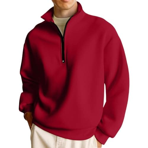 Image of Men's Half Zip Pullover Sweatshirt, Warm Fleece Lined Quarter Zip Jumper with Stand Collar, Casual Long Sleeve Top for Daily & Outdoor Wear Red