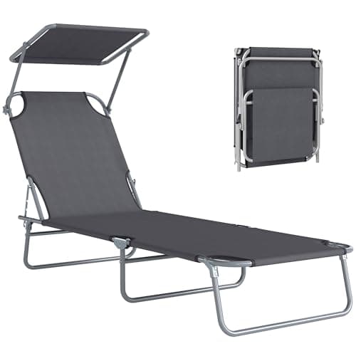 Image of Outsunny Folding Sun Lounger with Canopy, Reclining Sunbed with 4-Position Adjustable Backrest, 600D Oxford Cloth, Portable Garden Lounger Recliner Chair for Beach, Camping, Patio, Grey