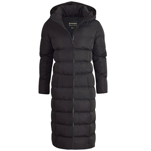 Image of Spindle Womens Maxi Long Hooded Puffer Quilted Parka Coat Extra Long | Ladies Full Length Winter Jacket with Hood Black XL
