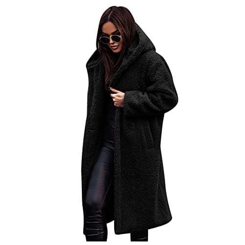 Image of Womens Fleece Jacket Warm Long Teddy Jackets Winter Soft Fuzzy Borg Coat Hooded Sweatshirt with Pockets Thick Sherpa Anorak Warm Loose Plush Outwear Black M