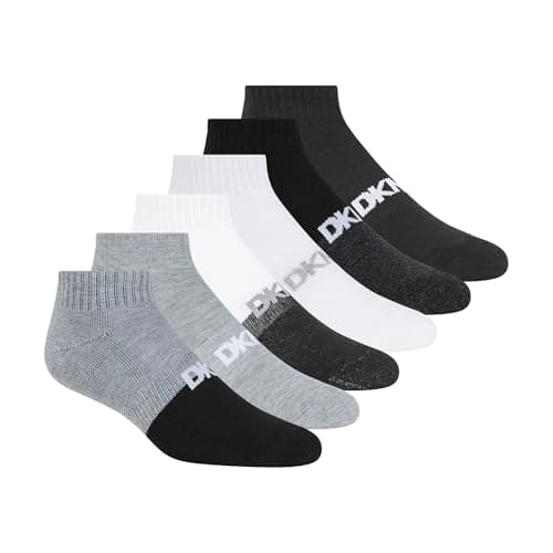 Image of DKNY Men's 6 Pack Sport Cushion Quarter Crew Socks, Grey/White/Black Logo, 9-13 UK