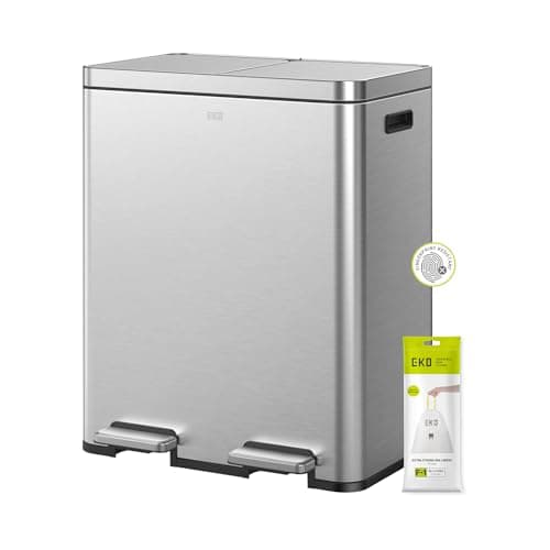 Image of EKO Edison 60L Dual Rubbish Bin, 2×30L Large Capacity Kitchen Pedal Recycling Bin with Soft-Close Lids, Removable Buckets, Fingerprint-Resistant Stainless Steel Bin for Waste and Recycling