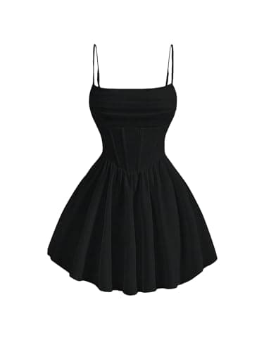 Image of GORGLITTER Women's A Line Flowy Ruffle Mini Cocktail Dress Ruched Sleeveless Corset Textured Dresses Black Small