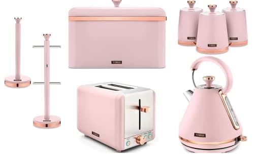 Image of Tower Cavaletto Pink Pyramid Kettle, 2 Slice Toaster, Bread Bin, Set of 3 Canisters, Mug Tree & Towel Pole. New Matching Set of 8 Kitchen Items in Pink & Rose Gold