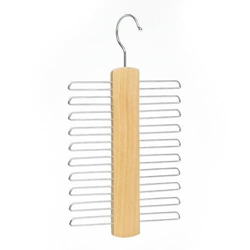 Image of Tie Hanger Wooden Hangers Wardrobe Tie Organiser - Stylish Hanging Storage Rack With 20 Chrome Bars With Swivel Hook for Tie, Belt, Scarf Beech Wood Tie Rack Hanger (Wood)