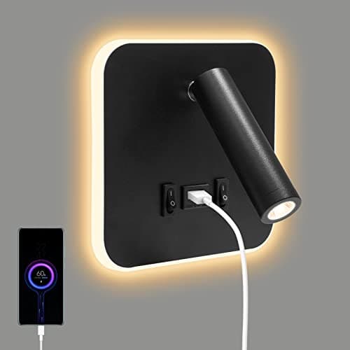 Image of Bedside Reading LED Wall Light, Wall Mounted Reading Lamp with Switch and USB Port, 350° Rotatable Wall Sconce Spotlight for Bedroom, Hallway, Hotel, Adjustable 3000K Warm Lamp, 3W+9W(1pcs-black)