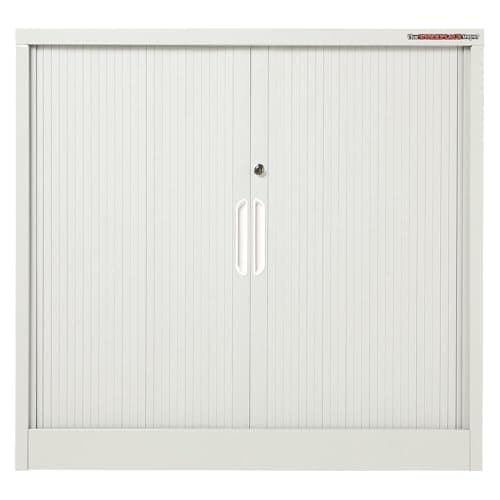Image of The Workplace Depot Tambour Cabinet – Lockable Steel Office Cupboard with Sliding Doors, 865(H) x 900(W) x 400(D) mm, Grey or Black, Space-Saving Storage for Small Offices and Home Workspaces (Grey)
