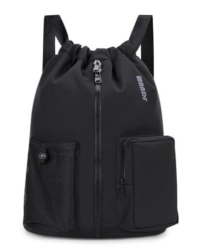 Image of WANDF Drawstring Gym Bag Sports Backpack with Shoes Compartment Water-resistant Swimming Bag for Men Women Ideal for PE School Travel Beach (Black)