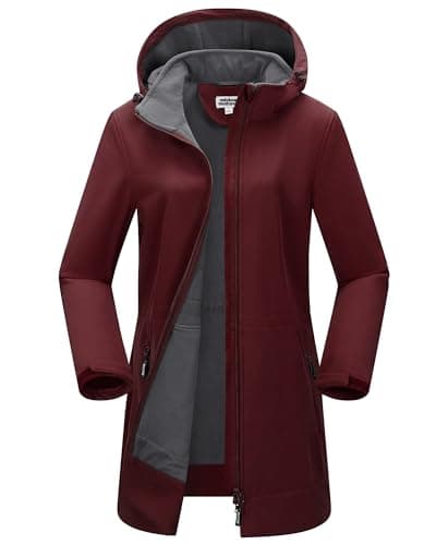 Image of Outdoor Ventures Women's Softshell Long Jacket with Hood Fleece Lined Windproof Jacket for Women Waterproof Windbreaker Dark Red S