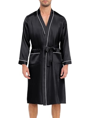 Image of Lovasy Mens Silk Dressing Gown Lightweight Satin Robe for Men Summer Kimono Dressing Gown Long Sleeve Bathrobe Soft Spa Silky Robes with Belt and Pockets Loungewear Nightwear,Black,L