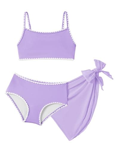 Image of Arshiner Girls Swimming Costume 3 Piece Kids Two Piece Swimsuit with Sarong Cover Up Sport Bikini Top High Waist Bottoms Quick Dry Swimwear for Beach Pool 9-10 Years Purple