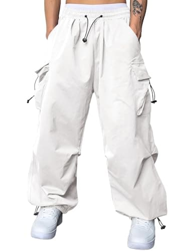 Image of JMIERR Mens Baggy Cargo Trousers Trendy Casual Parachute Pant Loose Fit Harem Joggers with Pockets for Streetwear,White,L