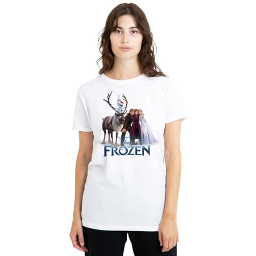 Image of Frozen Group Photo with Elsa, Anna, Kristoff, Sven and Olaf Ladies T Shirt, White, X-Large
