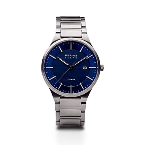 Image of BERING Men Analog Solar Collection Watch with Titan Strap and Sapphire Crystal 15239-777, Silver/Blue, 39