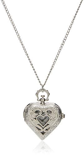 Image of JewelryWe Vintage Silver Tone Heart Locket Style Pendant Pocket Watch Necklace for Girls Lady Women, 30 Inch Chain