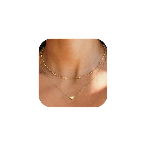 Image of JeweBella Layered Silve Heart Necklace for Women 14K Gold Plated Dainty Heart Pendant Necklaces Chain Necklace for Women Girls Jewelry Gifts Gold/Silver 40+5CM