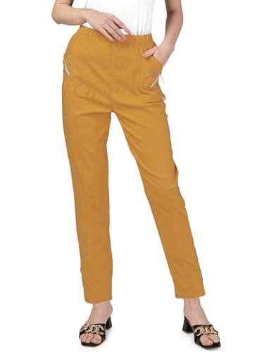 Image of femiss Womens Long Trousers | High Waist Elasticated Relax Fit Straight Leg Pants | Soft Stretch Summer Casual Beach Travel Ladies Cotton Blend Office Wear | Available Sizes 10-24 | Yellow-14 Mustard