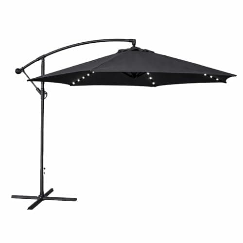 Image of Jack Stonehouse JSH Large 3m Banana Cantilever Parasol with Solar LED Lights | Outdoor Round Hanging Garden Patio Day Sun Umbrella | UV Protection, Crank Handle & Tilt Sunshade (Black)