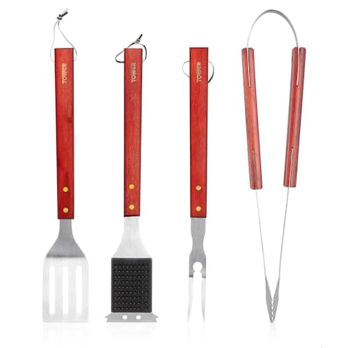 Image of Tower BBQ Tools Set with Red Maple Wood Handles, 4pc, Stainless Steel, T932000