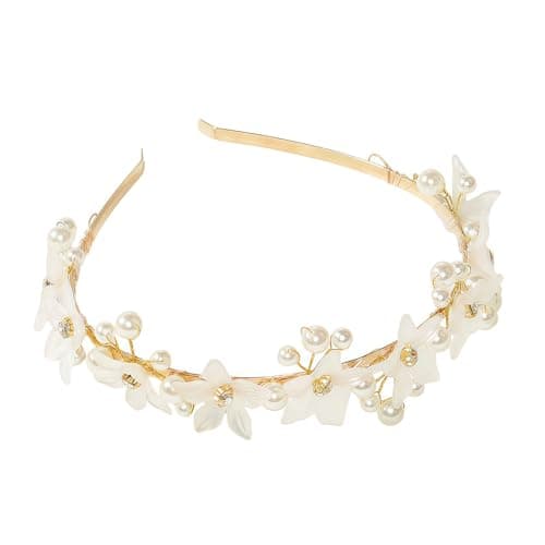 Image of Pearl Flower Headband Rhinestone Floral Hair Hoop Styling Accessories for Bridal Wedding Party(Gold)
