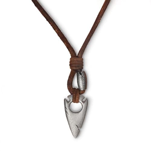 Image of LOCAL LEAGUE Mens Leather Necklace with ARROWHEAD Metal Pendant Distressed Brown Cord Thong for Man Boyfriend Surfer BEACH Party Holiday Outback Hunter Spear Tribal Festival 21.6" 55cm