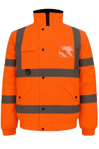 Image of BLOOM BLENDS High Visibility Bomber Jacket Waterproof Reflective Safety Coat – Hi Vis Workwear Winter Jacket with fleece Lining, Waterproof Outer & Removable Hood (UK, M, Orange)